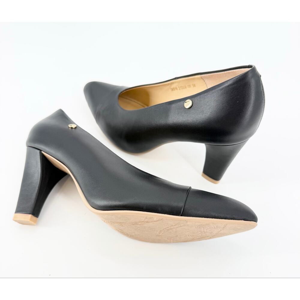 Bonia Black Leather Cap Toe Pumps Women’s EU 38 Mid Heel Career Classic